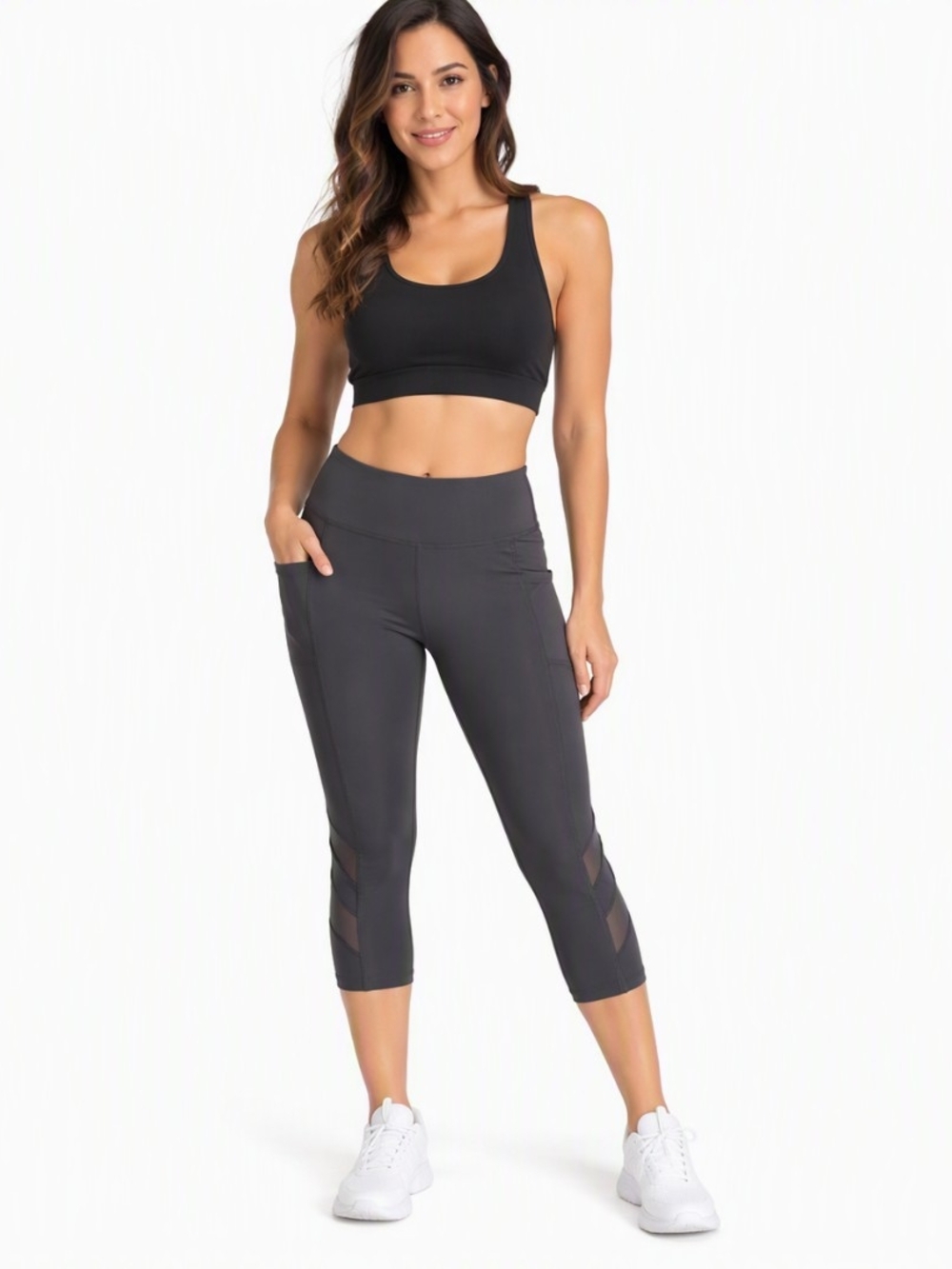 NWT Mondetta Charcoal Gray Mesh Pocket Capri Leggings Yoga Workout Athletic